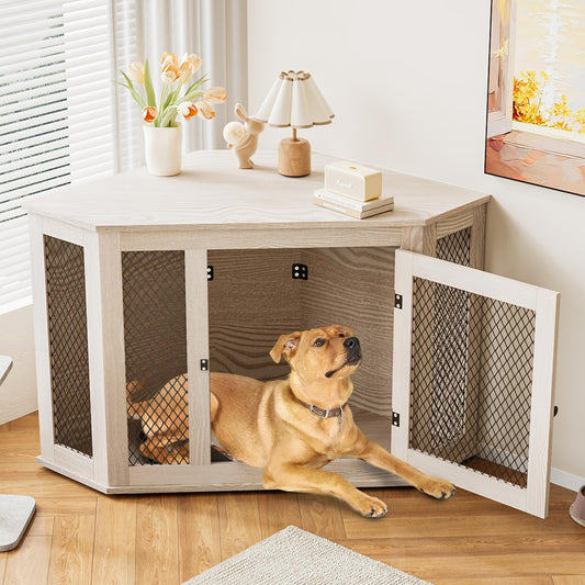 Corner Dog Crate Furniture,52 Inch Decorative Pet Crate with Metal Mesh,Wooden Dog Kennel Indoor Use for Small Medium Dogs,Dog House TV Stand,Perfect for Limited Room,White