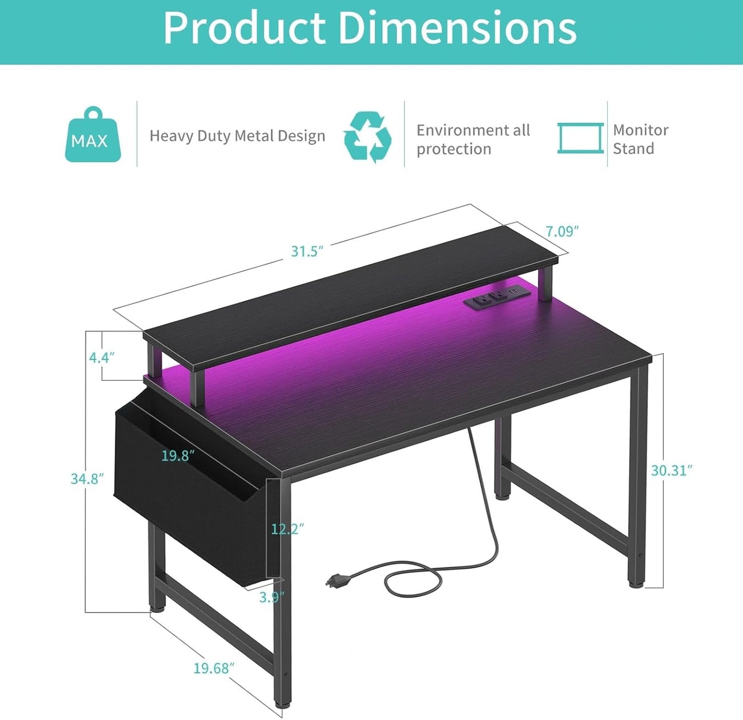 Small Desk with Power Outlets and LED Lights, 32 Inch Teen Writing Study Table Home Office Computer Desks with Monitor Stand, Gaming Desk with Charging Station, Black