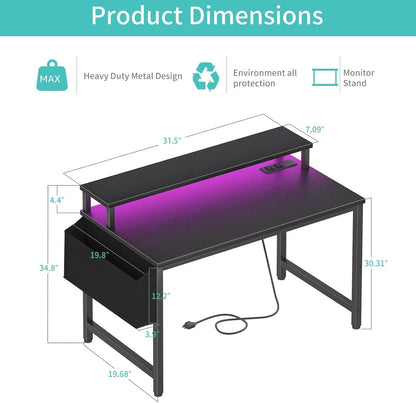 Small Desk with Power Outlets and LED Lights, 32 Inch Teen Writing Study Table Home Office Computer Desks with Monitor Stand, Gaming Desk with Charging Station, Black