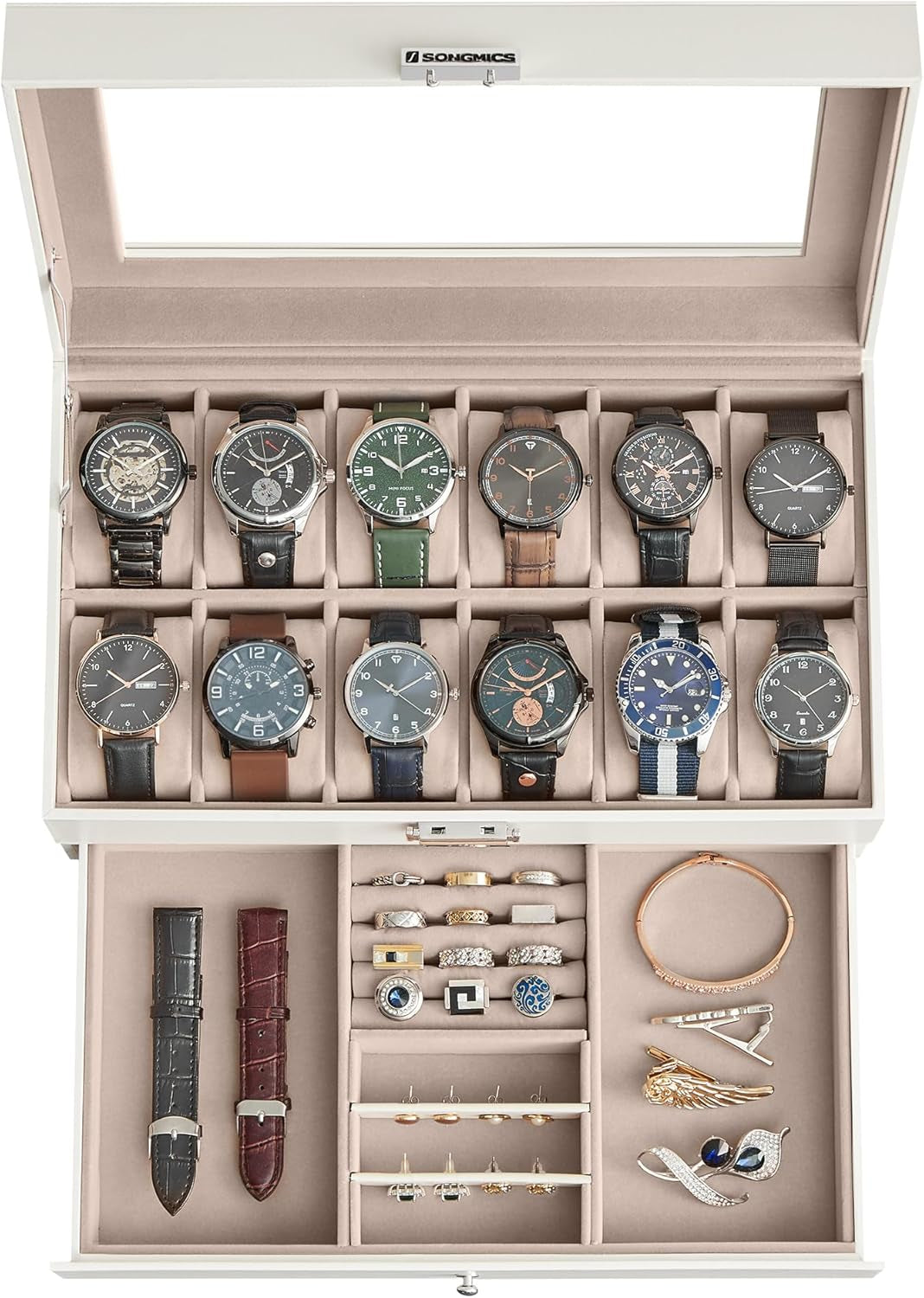 Watch Box, 20-Slot Watch Case Organizer with Large Glass Lid, Removable Pillows, Metal Lock, Gift for Loved Ones, Black Synthetic Leather, Wine Red Lining UJWB020R01