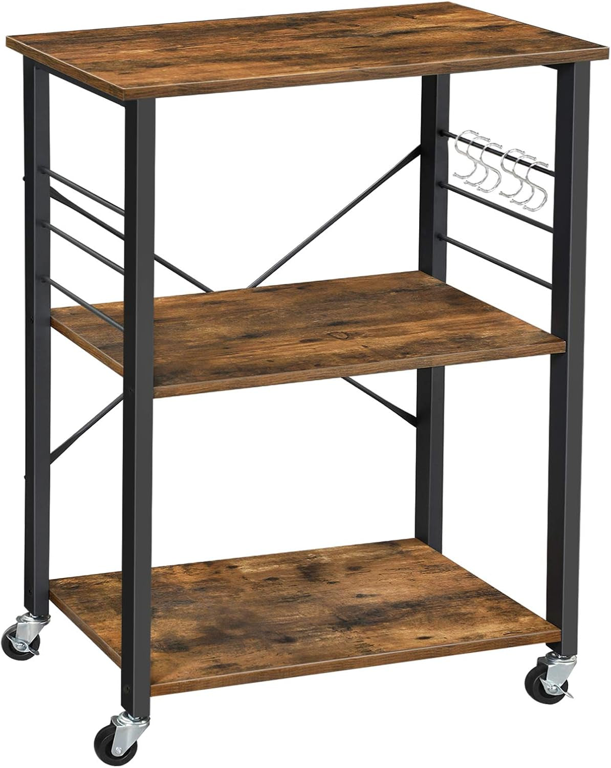 BRYCE Serving Cart, 3-Tier Kitchen Utility Cart on Wheels with Storage, for Living Room, Accent Furniture with Steel Frame, Industrial, Rustic Brown and Black ULRC78X