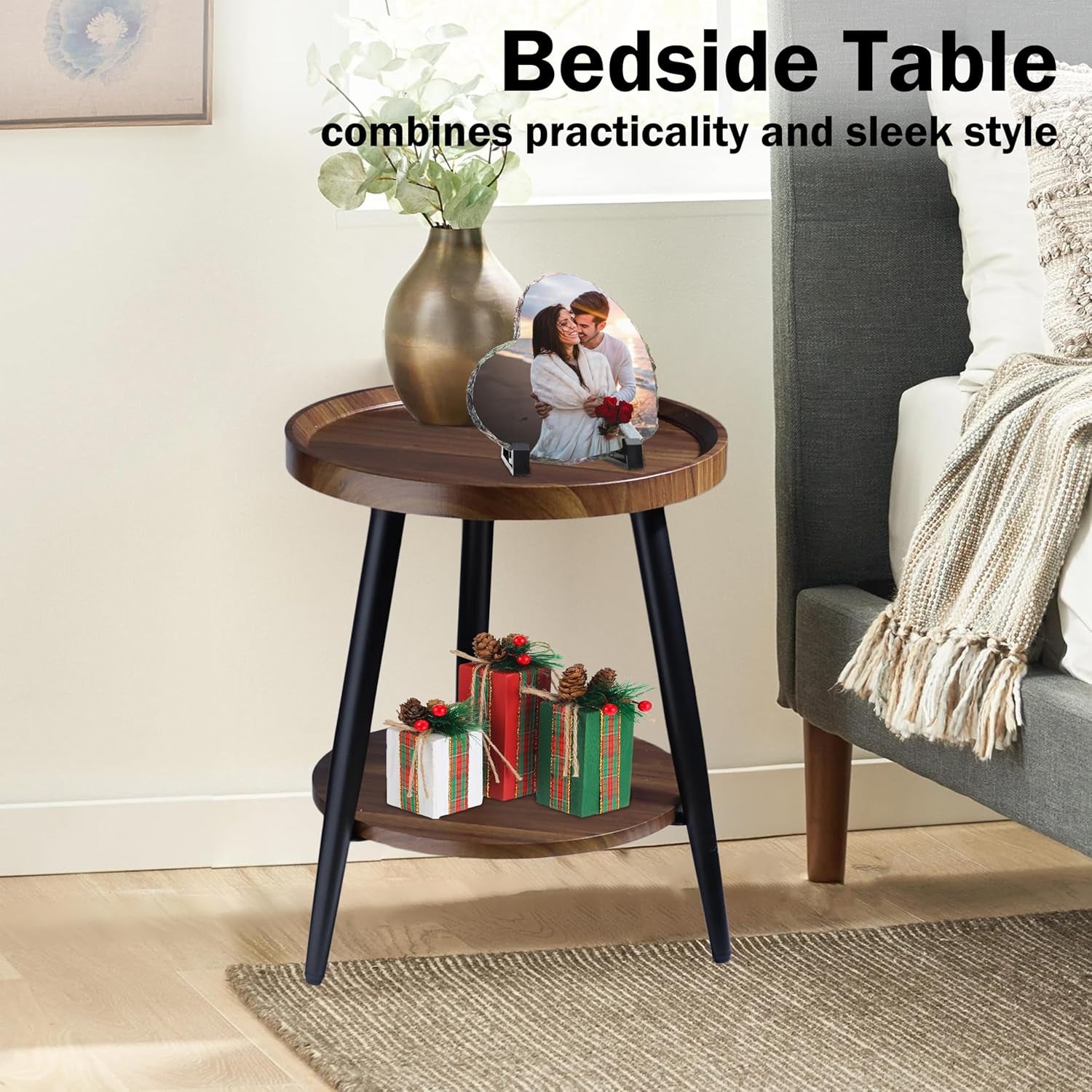Small round Side Table, 2-Tier Mid Century Modern Side Table, round End Table Small End Table for Living Room, Metal Frames, Brown