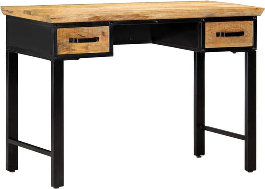 Writing Table Natural and Black Solid Mango Wood, Engineered Wood, 43.3 X 19.7 Inch Computer Desk with 2 Drawers, Home Office Desk