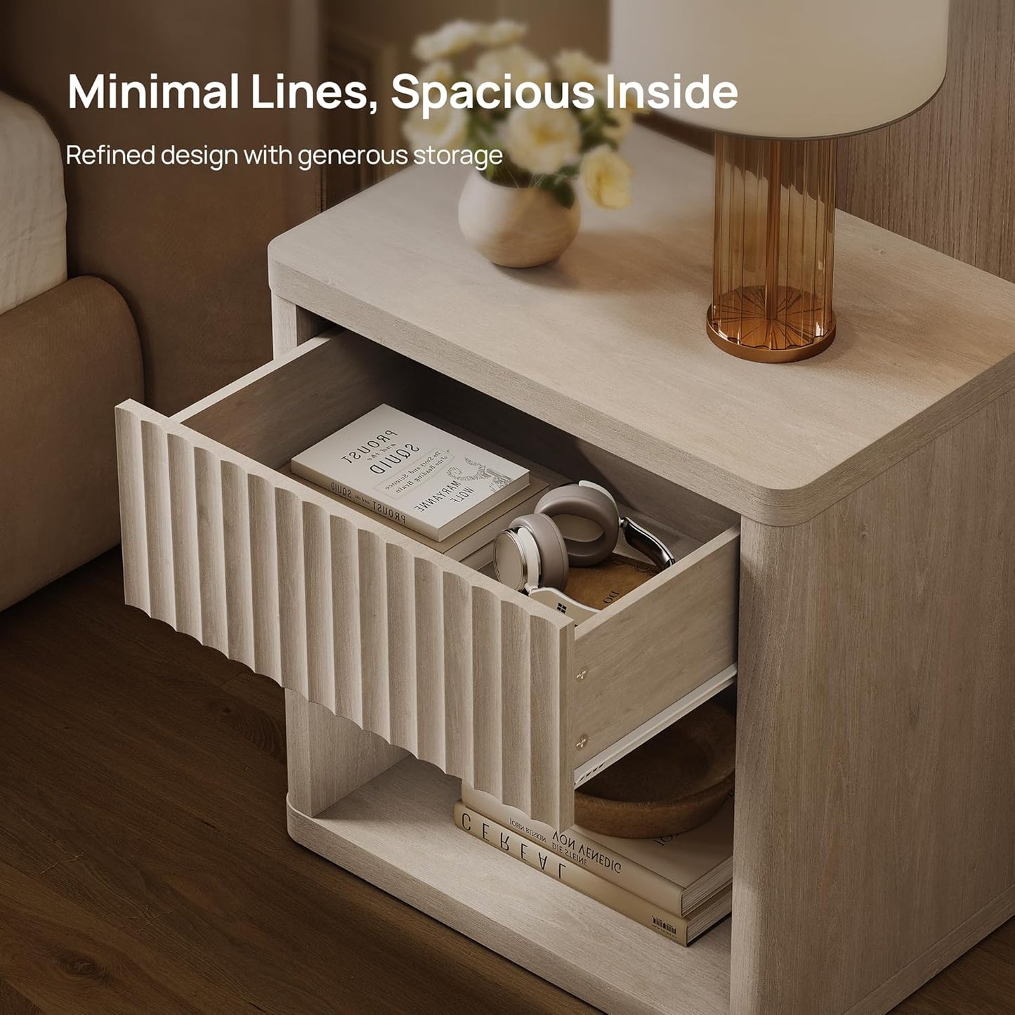 Night Stand Set of 2 Nightstands with Drawer Storage Fluted Bed Side Table End Table Large Modern Wide Bedside Stand Mid Century Night Stands for Bedroom Living Room Sofa Office, White Alder