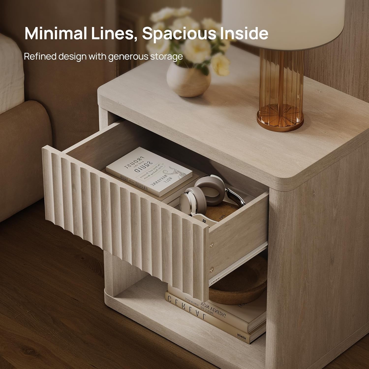 Night Stand Set of 2 Nightstands with Drawer Storage Fluted Bed Side Table End Table Large Modern Wide Bedside Stand Mid Century Night Stands for Bedroom Living Room Sofa Office, White Alder