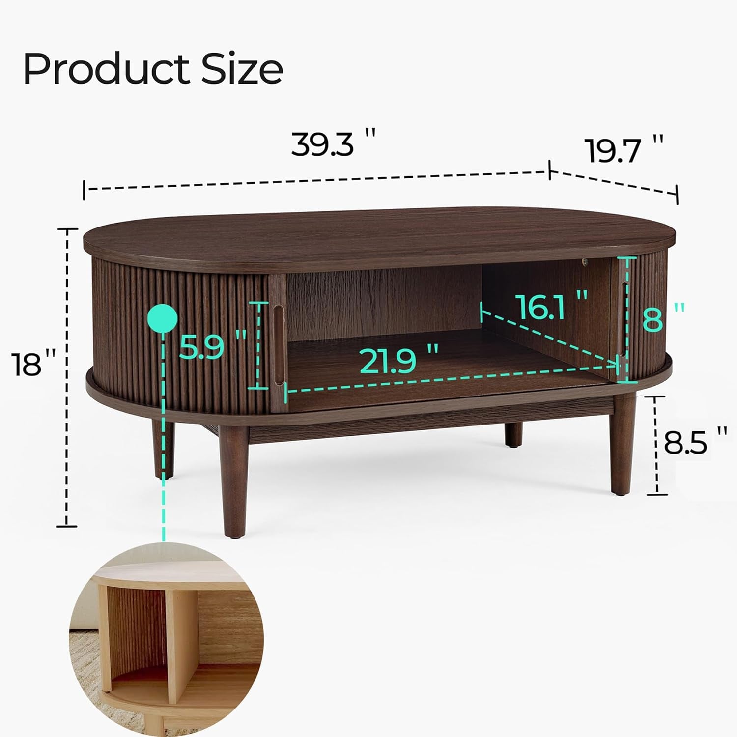 Oval Coffee Table, Wood Coffee Table with Storage, Fluted Accent Center Table with Sliding Tambour Door, 39" Mid Century Modern Coffee Tables for Living Room, Bedroom, Apartment, Walnut