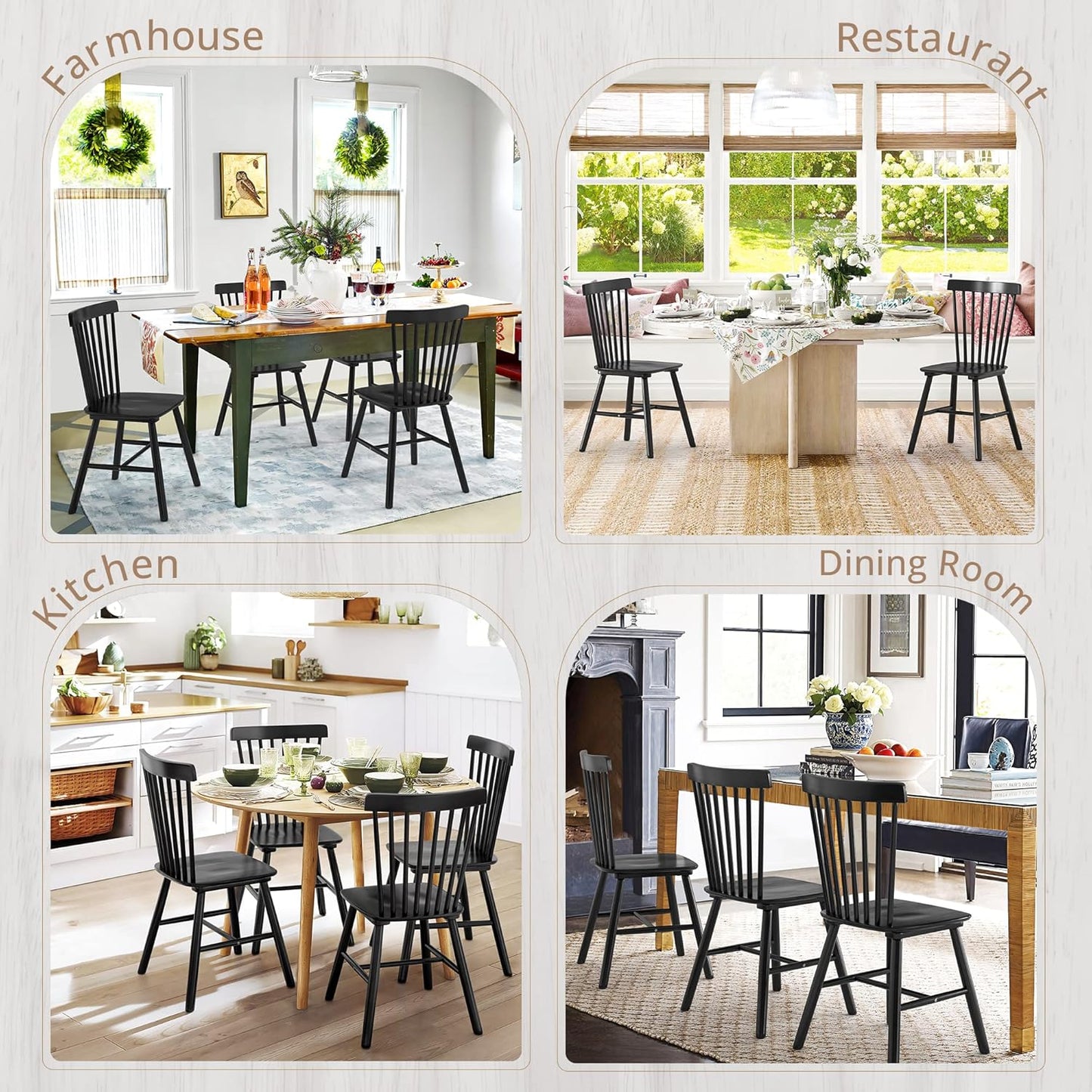 Windsor Dining Chair Set of 4, Spindle Back Wooden Chairs for Kitchen and Dining Room, Restaurant, Cafe, Hotel, Black