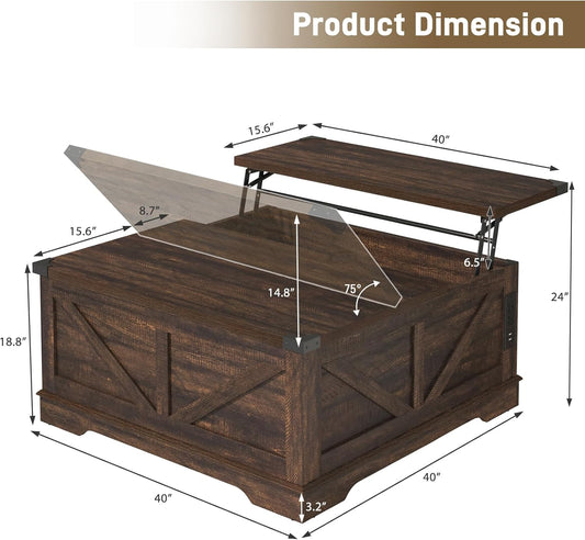 40” Large Farmhouse Lift Top Coffee Table with Power Outlets and Large Hidden Storage, Square Wood Living Room Tables, Multi-Function Lift Wooden Barn Door Center Table, Brown