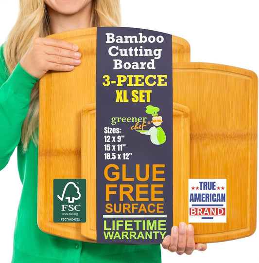 Glue-Free Surface™ Extra Large Bamboo Cutting Board Set – for Chopping Vegetables, Carving Meat, Slicing Bread, and Serving Cheese & Charcuterie for Safer Family Meal Prep – for Health Conscious Chefs