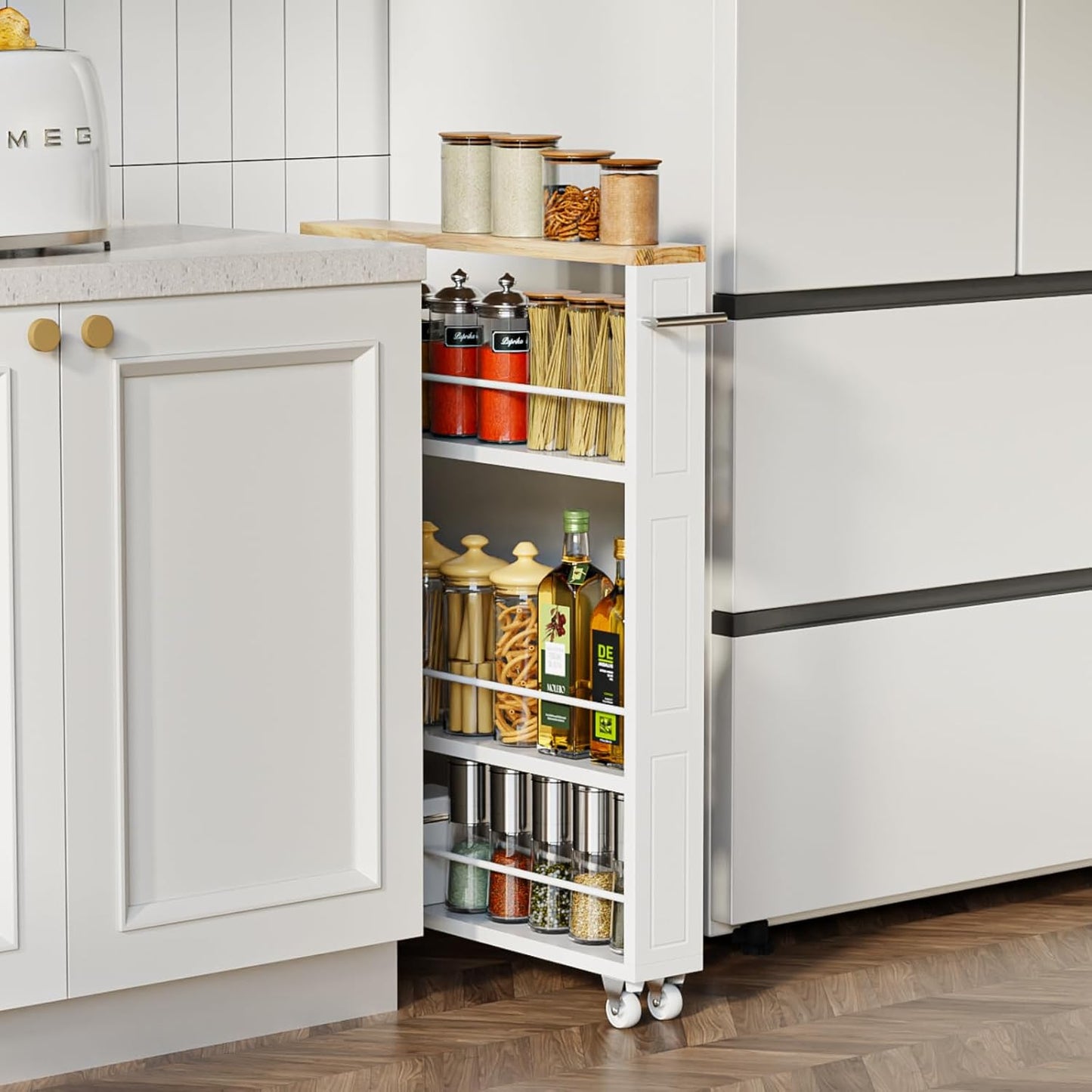 4 Tier White Slim Storage Cart with Handle, Slide Out Storage Rolling Utility Cart for Kitchen, Laundry, Narrow Places