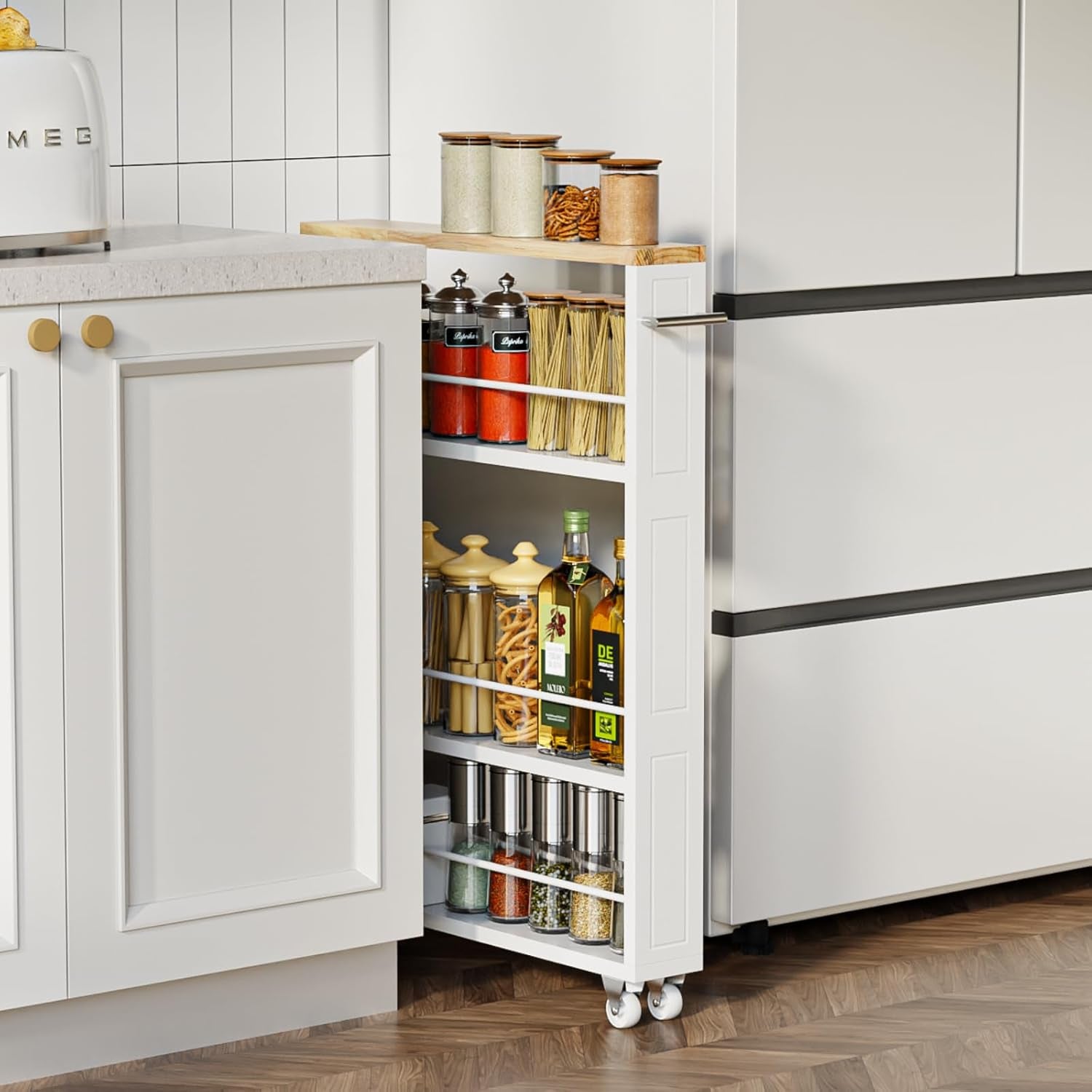 4 Tier White Slim Storage Cart with Handle, Slide Out Storage Rolling Utility Cart for Kitchen, Laundry, Narrow Places