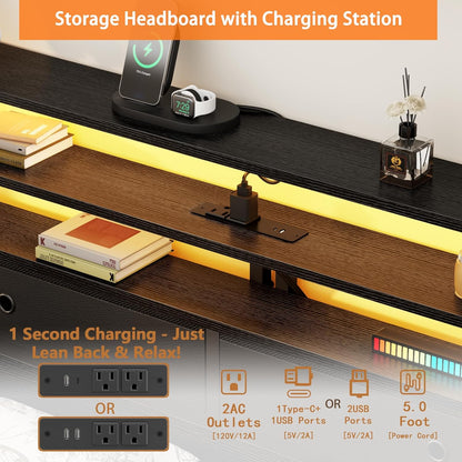 Full Size Bed Frame with Headboard & 2 Fabric Drawers, Full Platform Bed Featuring LED Lights, Built-In Charging Station & Storage Shelves, Metal Slats, No Box Spring Needed – Black Oak