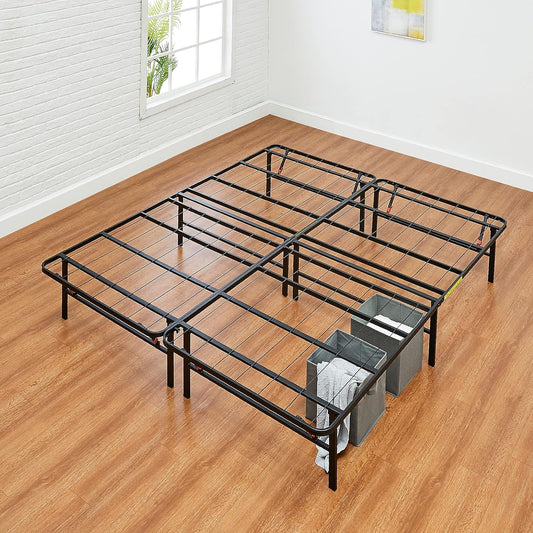 Bed Frame with Storage, Foldable Metal Platform, Sturdy Steel, No Box Spring Needed, 14-Inch High, Tool-Free Setup, Queen Size, Black