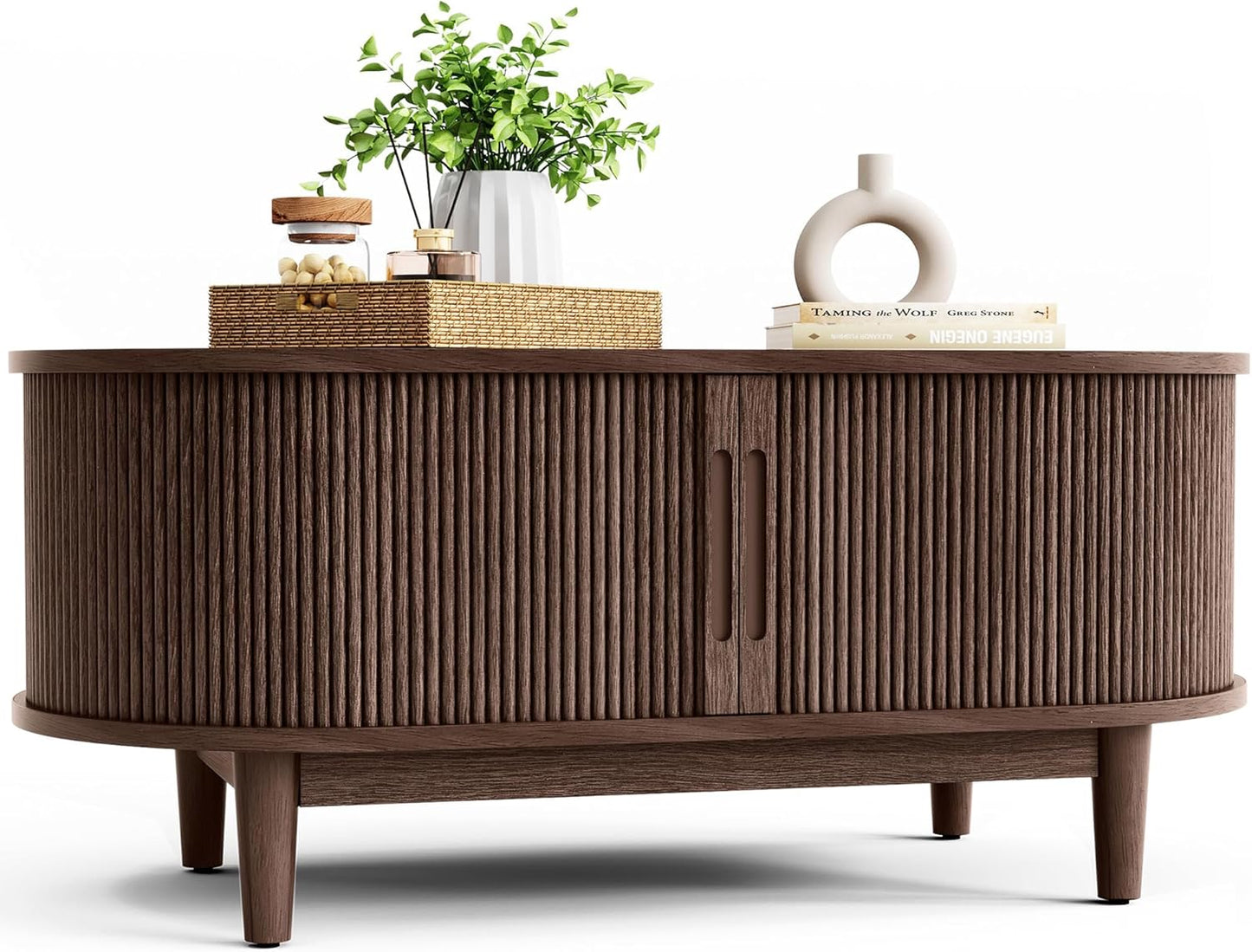 Oval Coffee Table, Wood Coffee Table with Storage, Fluted Accent Center Table with Sliding Tambour Door, 39" Mid Century Modern Coffee Tables for Living Room, Bedroom, Apartment, Walnut
