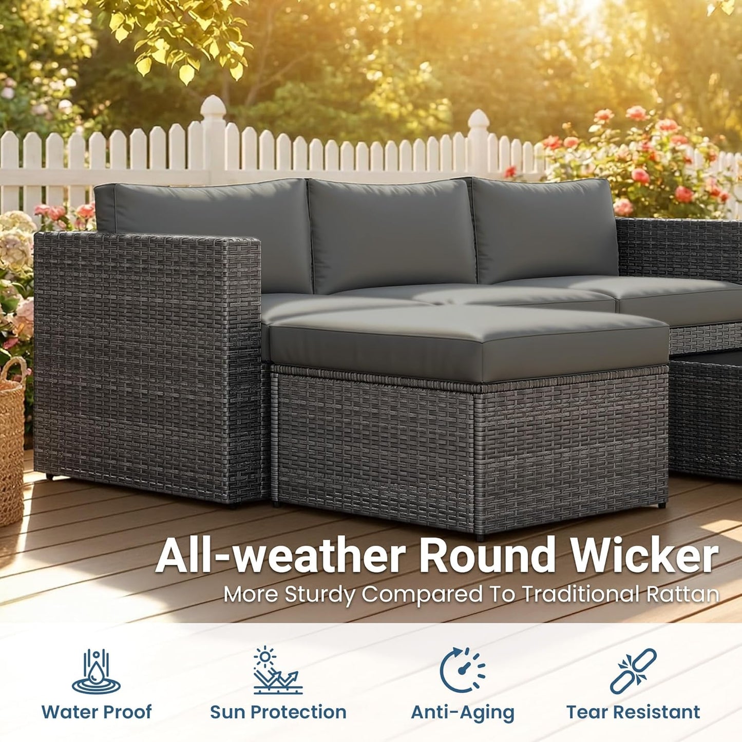 5-Pieces Outdoor Patio Furniture Set, All Weather Wicker Rattan Sectional Sofa, Patio Conversation Set with Cushions & Glass Coffee Table for Backyard Porch Garden Balcony, Grey