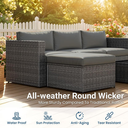 5-Pieces Outdoor Patio Furniture Set, All Weather Wicker Rattan Sectional Sofa, Patio Conversation Set with Cushions & Glass Coffee Table for Backyard Porch Garden Balcony, Grey
