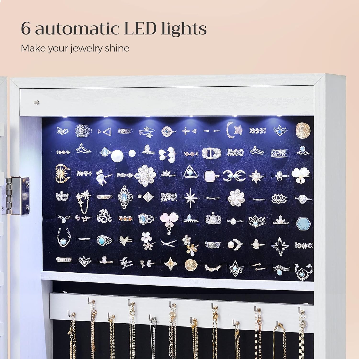 6 Leds Mirror Jewelry Cabinet, 47.2-Inch Tall Lockable Wall or Door Mounted Jewelry Armoire Organizer with Mirror, 2 Drawers, 3.9 X 14.6 X 47.2 Inches, White UJJC93W