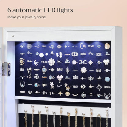 6 Leds Mirror Jewelry Cabinet, 47.2-Inch Tall Lockable Wall or Door Mounted Jewelry Armoire Organizer with Mirror, 2 Drawers, 3.9 X 14.6 X 47.2 Inches, White UJJC93W