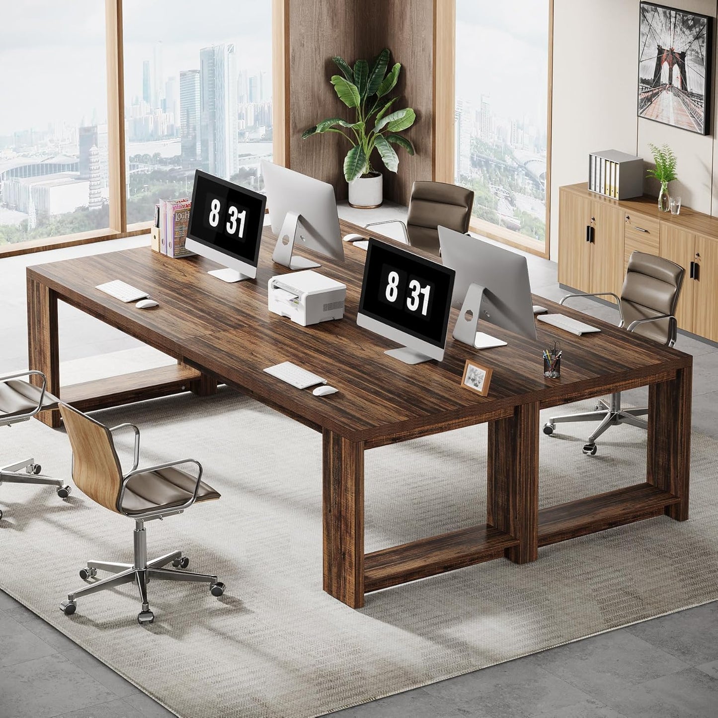 Two Person Desk, 86.6 Inches Extra Long Desk, Double Computer Writing Table, All Wood Large Desks Workstation for Home Office, Rustic Brown