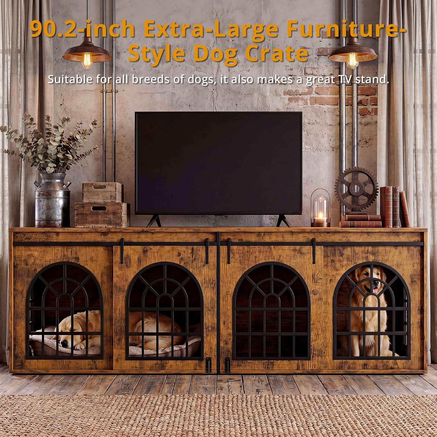 90.2" Double Room Dog Crate Furniture with Sliding Doors– Heavy Duty Wooden Dog Kennel with Hinged Divider, TV Stand & End Table for Large to Medium Dogs, Brown (Brown)