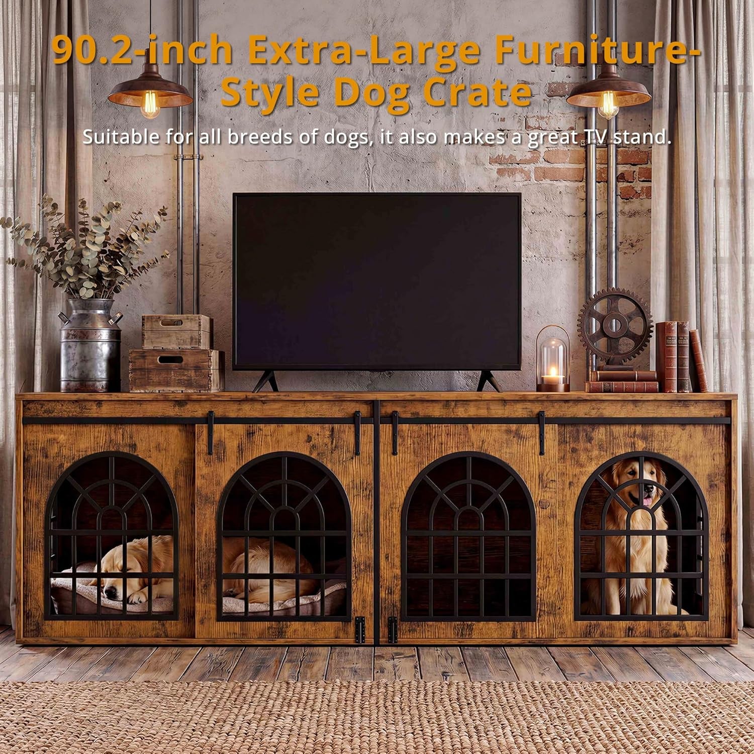 90.2" Double Room Dog Crate Furniture with Sliding Doors– Heavy Duty Wooden Dog Kennel with Hinged Divider, TV Stand & End Table for Large to Medium Dogs, Brown (Brown)