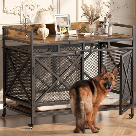 Large Dog Crate Furniture, 48 Inch Wooden Dog Kennel for Xlarge Dogs, Heavy Duty Dogs Furniture Indoor Wire Dog Cage with Caster Wheels,Decorative Pet House End Table, Textured Gray