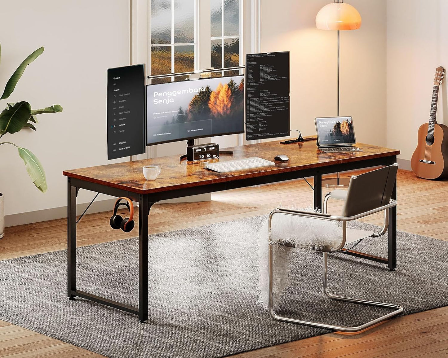 71 Inch Computer Desk with USB Ports, Large Office Desk, Long Study Student Writing Desk, Rustic Brown