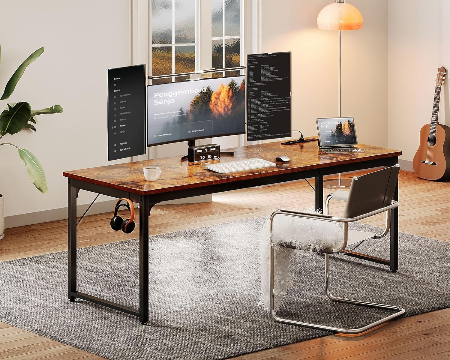 71 Inch Computer Desk with USB Ports, Large Office Desk, Long Study Student Writing Desk, Rustic Brown