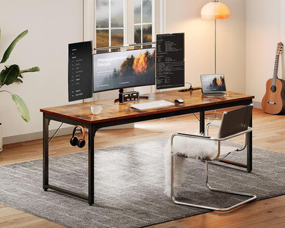 71 Inch Computer Desk with USB Ports, Large Office Desk, Long Study Student Writing Desk, Rustic Brown