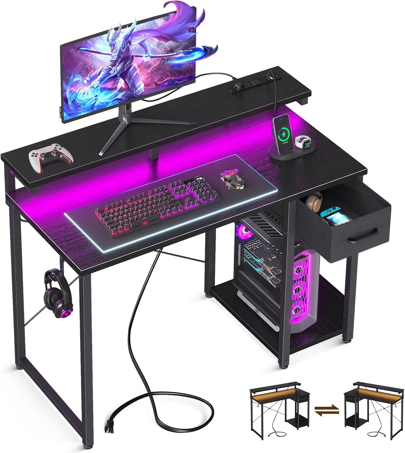 Gaming Desk with LED Lights & Power Outlet, 40 Inch Computer Desk with Drawer, Reversible Small Desk with Monitor Stand & Headphone Hook for Home Office, Black