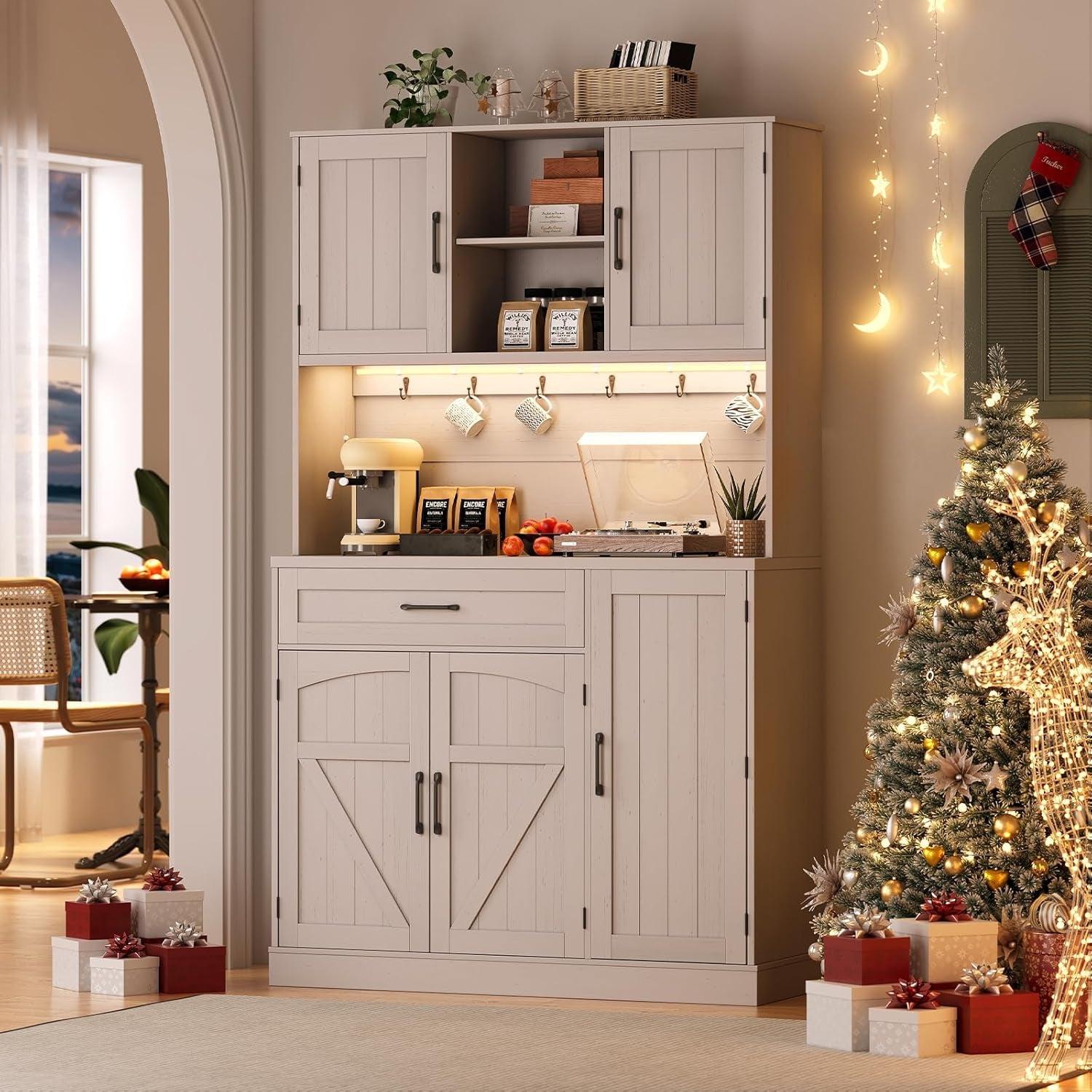 71" Pantry Cabinet, Kitchen Pantry Storage Cabinet with LED Light & Outlet, Kitchen Hutch with Microwave Shelf & 6 Hooks, Door Shelves & Drawer & Adjustable Shelves, for Dining Room