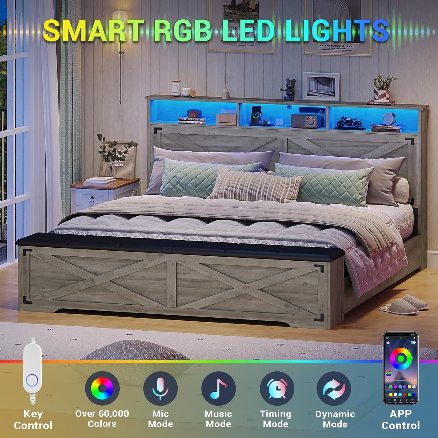 Queen Size Bed Frame with Storage Ottoman, Farmhouse Bed Frame with Charging Station and Led Light, Headboard with Storage Rack, Metal Slats, No Noise Design, No Box Spring Needed,Oak Grey