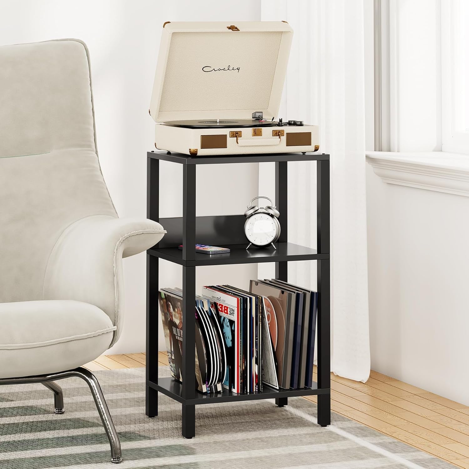 Record Player Stand with Storage up to 100 Albums,Record Storage Table,3 Tier End Table,Side Table for Living Room, Bedroom, Black TB01BK075