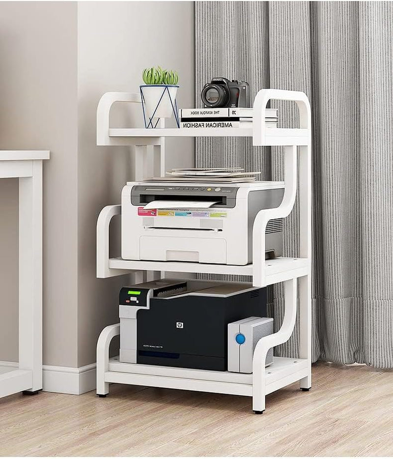 3-Tier Printer Stand with Wheels Movable Storage Cart Floor-Standing Multi-Purpose Shelf Rack for Media Player Scanner Files Books Microwave Oven in Kitchen Living Room Home Office (White)