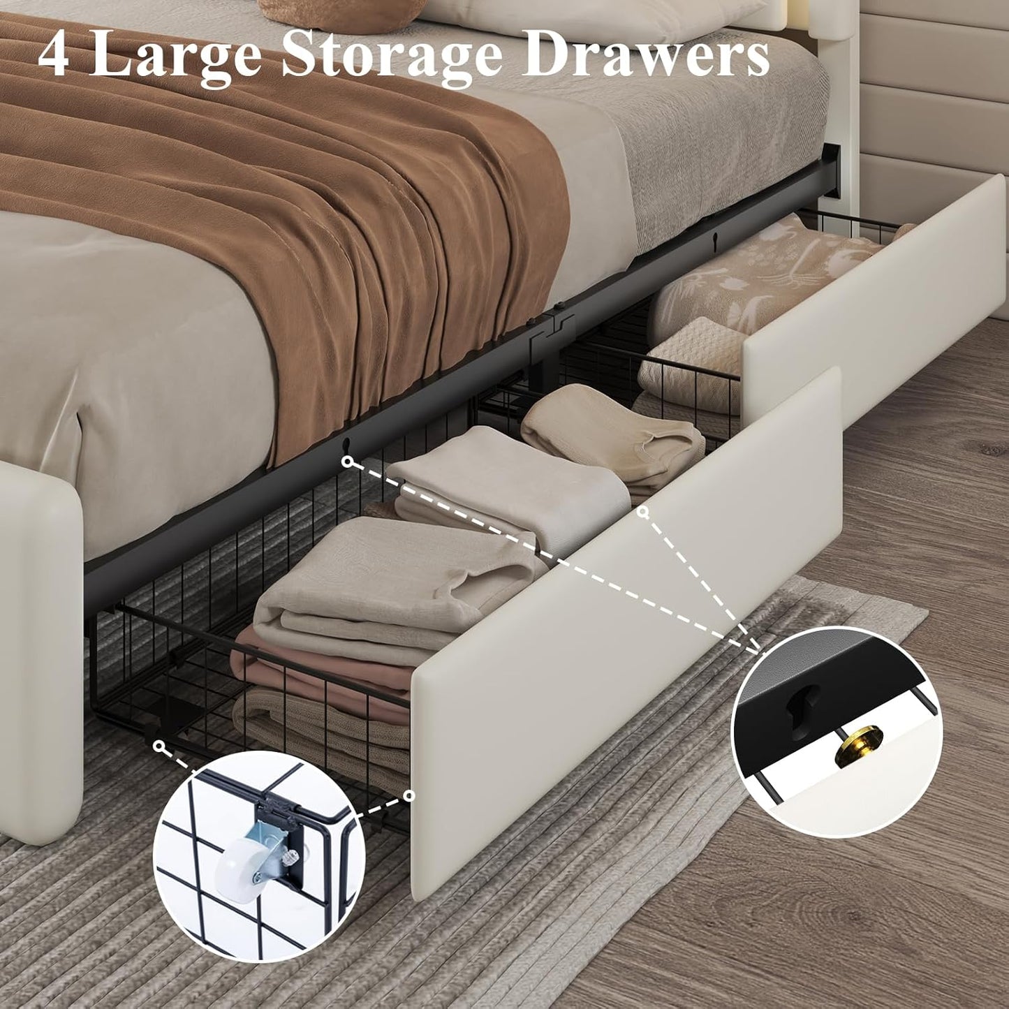 Queen Size Bed Frame with 4 Storage Drawers, Charging Station and LED Light, Adjustable Upholstered Headboard, Noise-Free, No Box Spring Needed, Easy Assembly, White