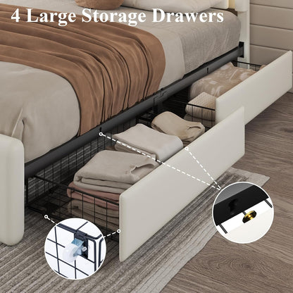 Queen Size Bed Frame with 4 Storage Drawers, Charging Station and LED Light, Adjustable Upholstered Headboard, Noise-Free, No Box Spring Needed, Easy Assembly, White
