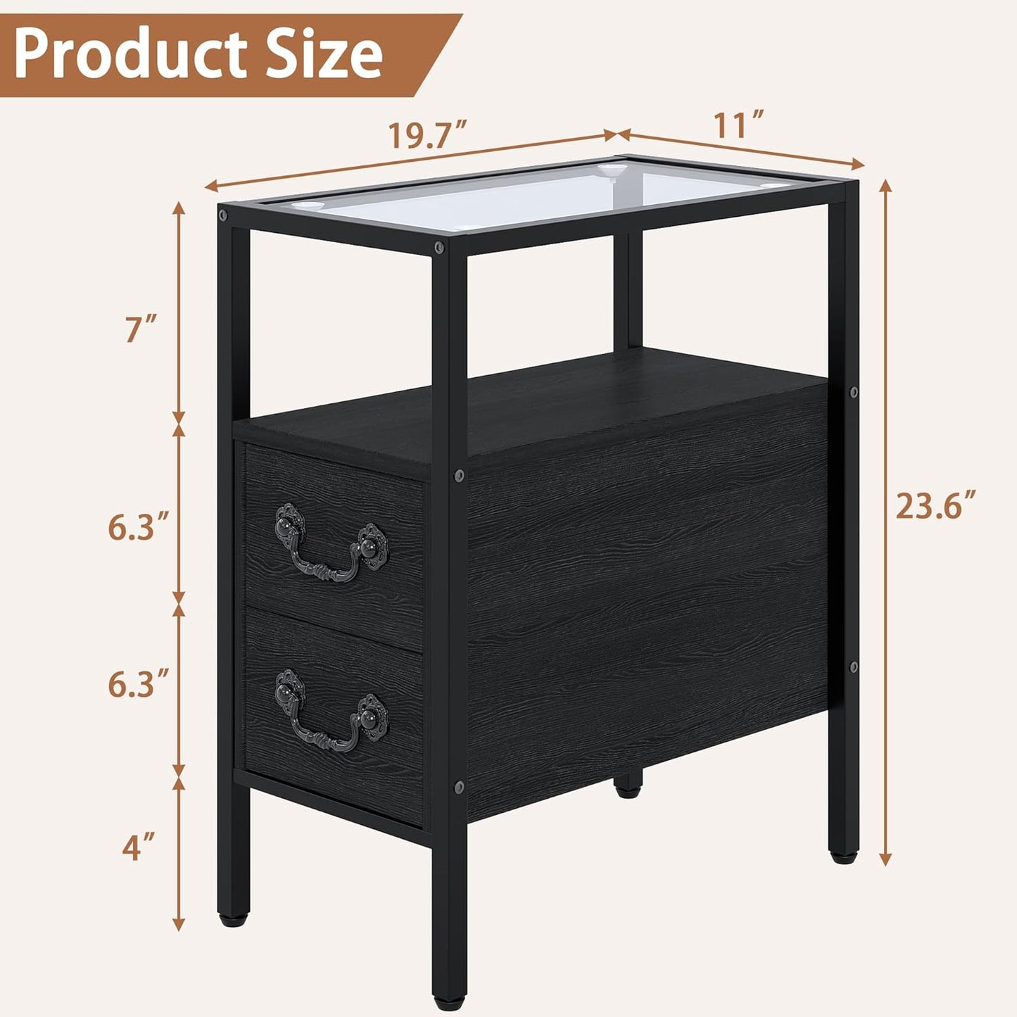Narrow Side Table, Night Stand Sofa Table with Glass Top,Bedside End Tables with Storage Drawers,Wood Nightstand for Small Spaces Living Room Bedroom,Black
