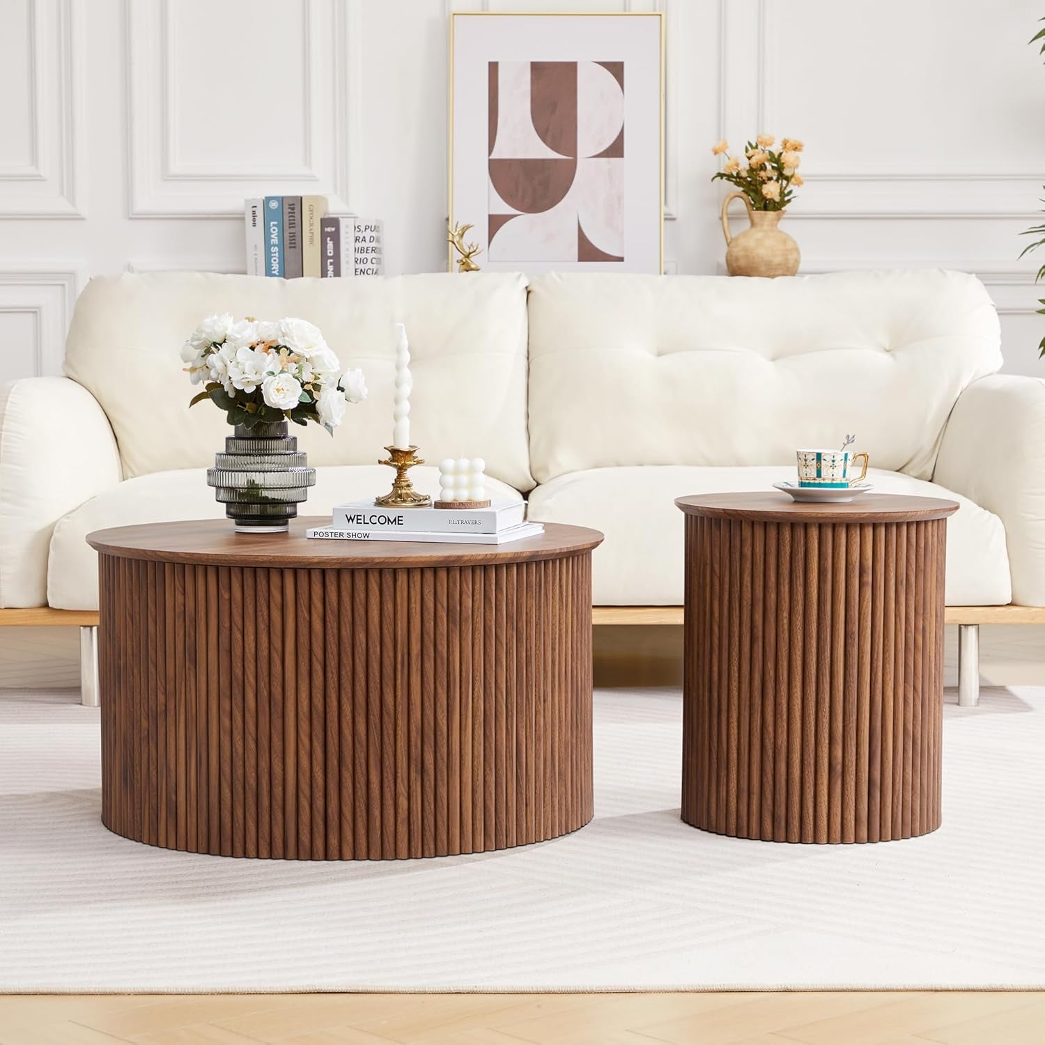 Fluted round Nesting Coffee Table Set of 2, Mid Century Modern Wood Coffee Tables and End Table Set, Circle Side Table Minimalist Center Tables for Living Room, Office(Walnut)