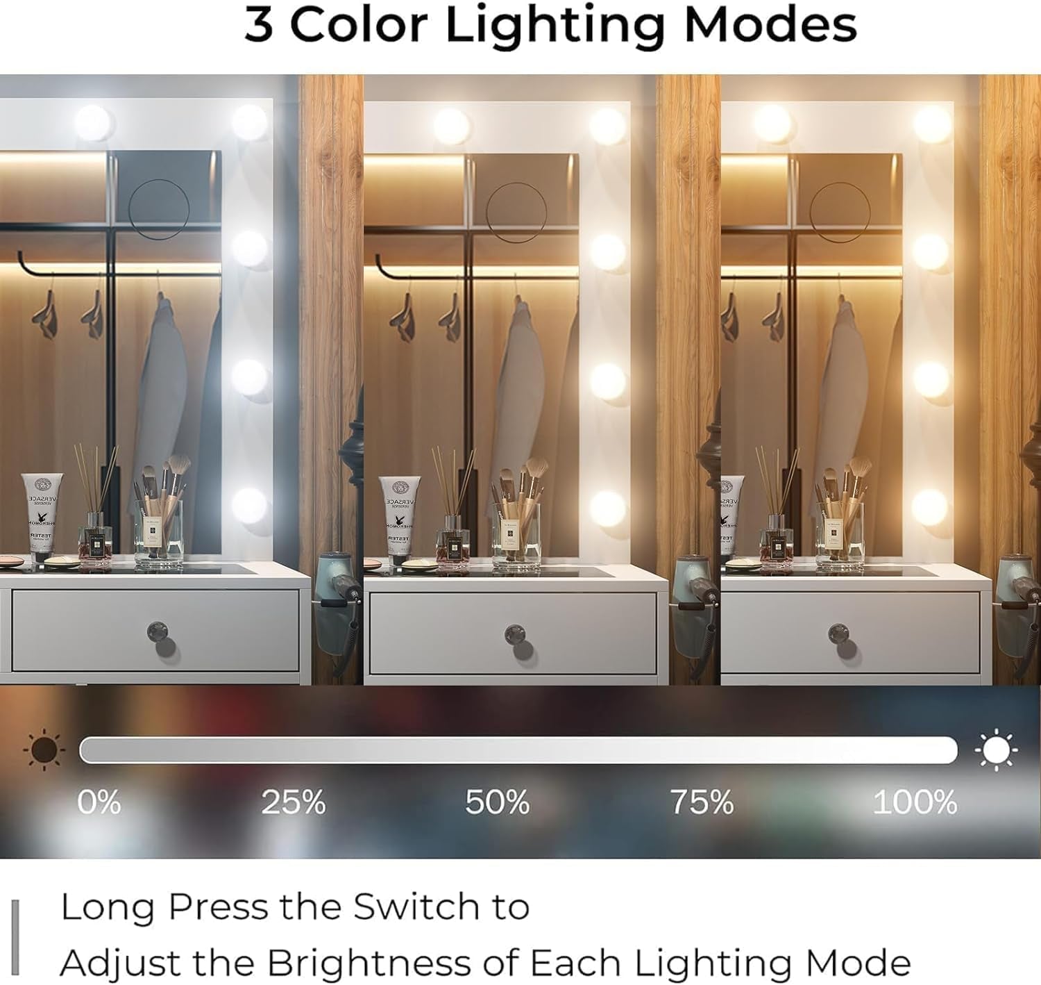 Vanity Desk with Power Outlet, Makeup Vanity with Mirror and 12 LED Lights, 3 Lighting Modes,11 Drawers Vanity Table with Chair, Glass Top, Dressing Table for Bedroom,Dressing Room, White