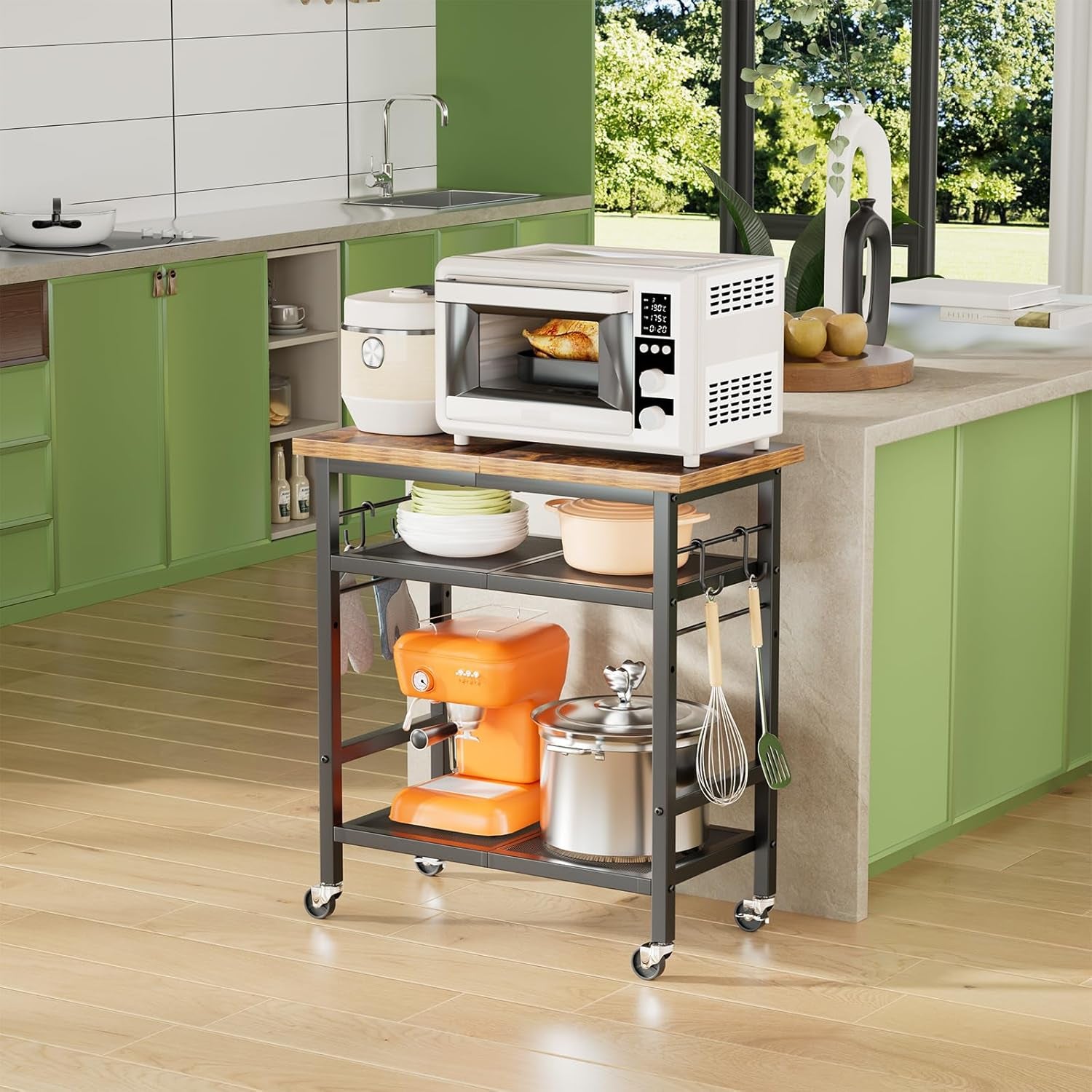 Rolling Kitchen Microwave Cart, 3 Tier Microwave Stand with Wheels, Bathroom Organizers and Storage Shelf, Coffee Bar Table Station, Utility Side Table for Kitchen, Living Room Office, Brown