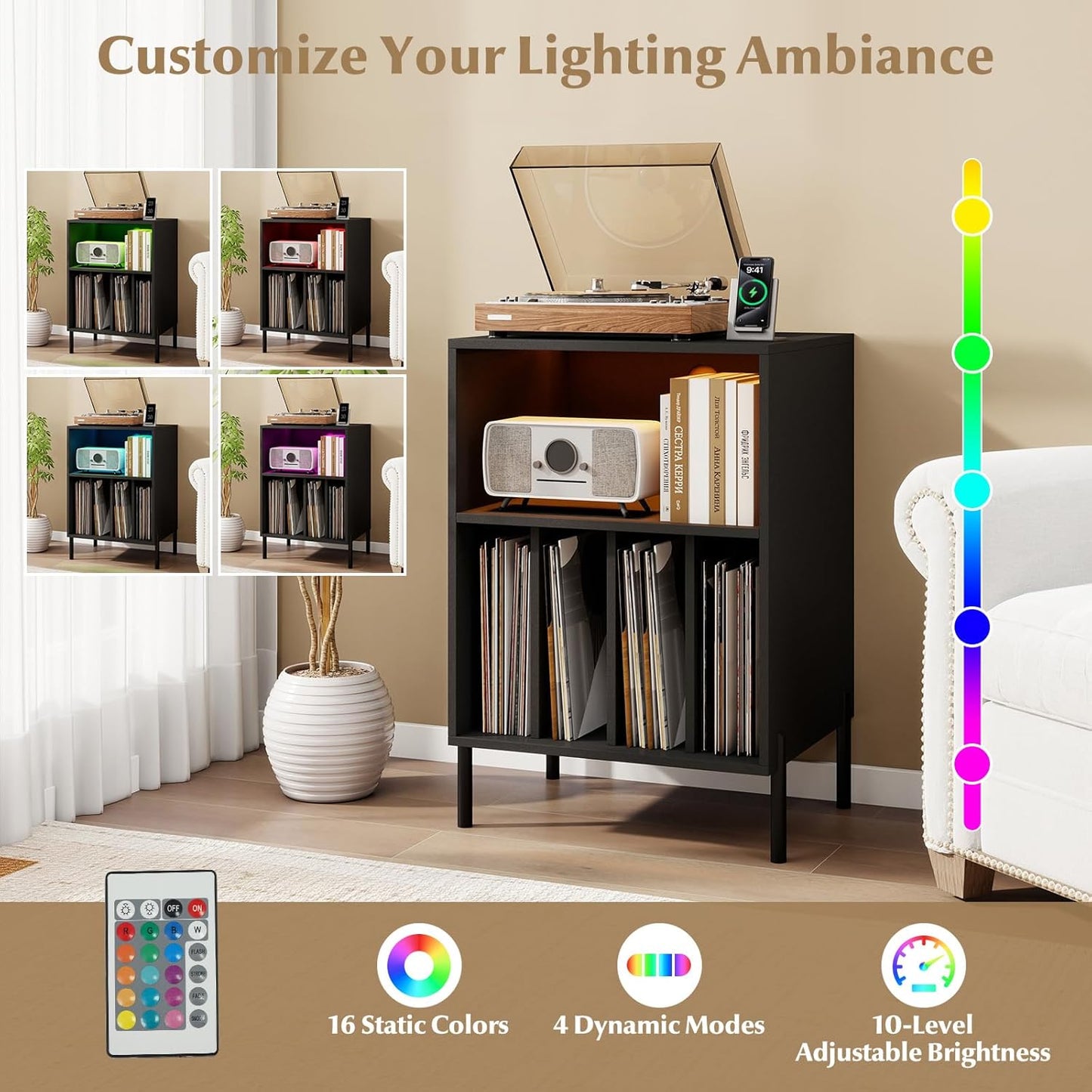 Record Player Stand with LED Lights, Turntable Stand with Charging Station, Vinyl Storage Holder with Sturdy Metal Legs, Album Display Shelf for Living Room, Bedroom (Black)