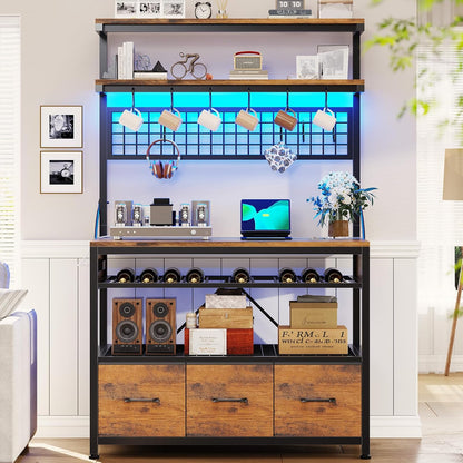 Bakers Rack with Storage and Power Outlet, 35.4 Inch Coffee Bar Cabinet, Microwave Stand Kitchen Cabinet with Hutch, LED Lights, Wine Rack and Hooks, Rustic Brown Rustic Brown
