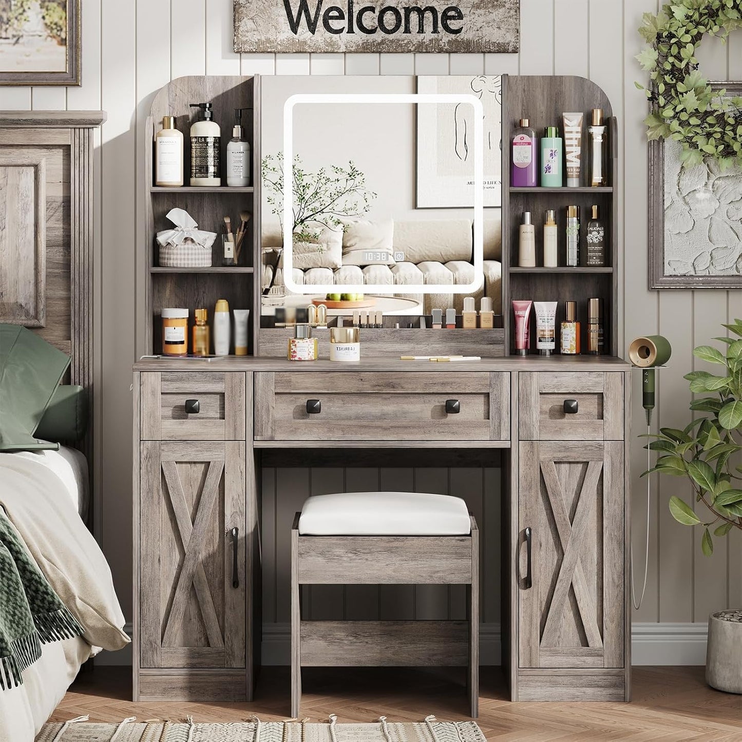 Makeup Vanity Desk, Vanity Mirror with Lights Desk and Chair,Makeup Table with 3 Large Drawers and 2 Cabinets, Time and Temperature Display, 3 LED Lighting Modes Adjustable, Grey