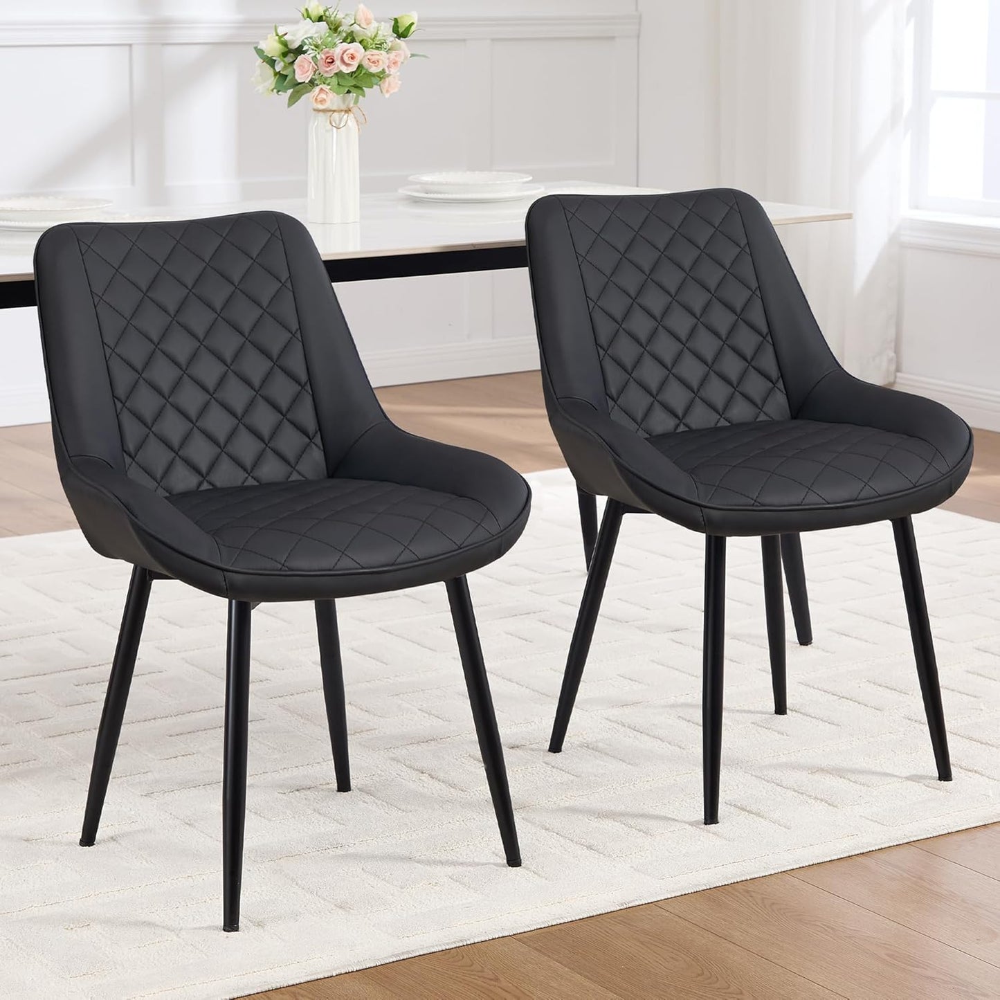 Dining Chair Set of 4, Modern Dining Chairs with Thick Cushions, Faux Leather Upholstered Kitchen Dining Room Chairs with Metal Adjustable Legs for Dining Living Room, Black