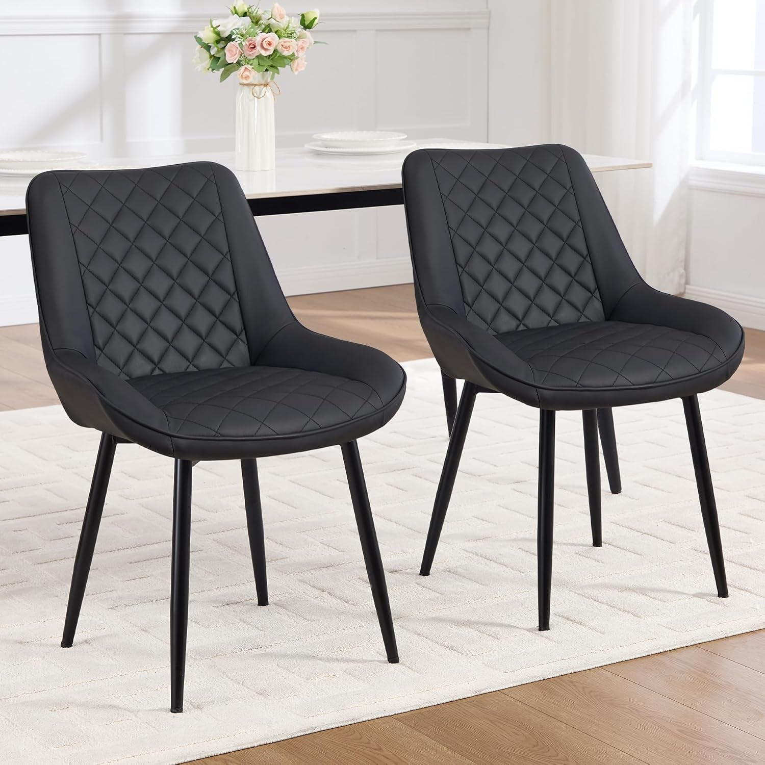 Dining Chair Set of 4, Modern Dining Chairs with Thick Cushions, Faux Leather Upholstered Kitchen Dining Room Chairs with Metal Adjustable Legs for Dining Living Room, Black