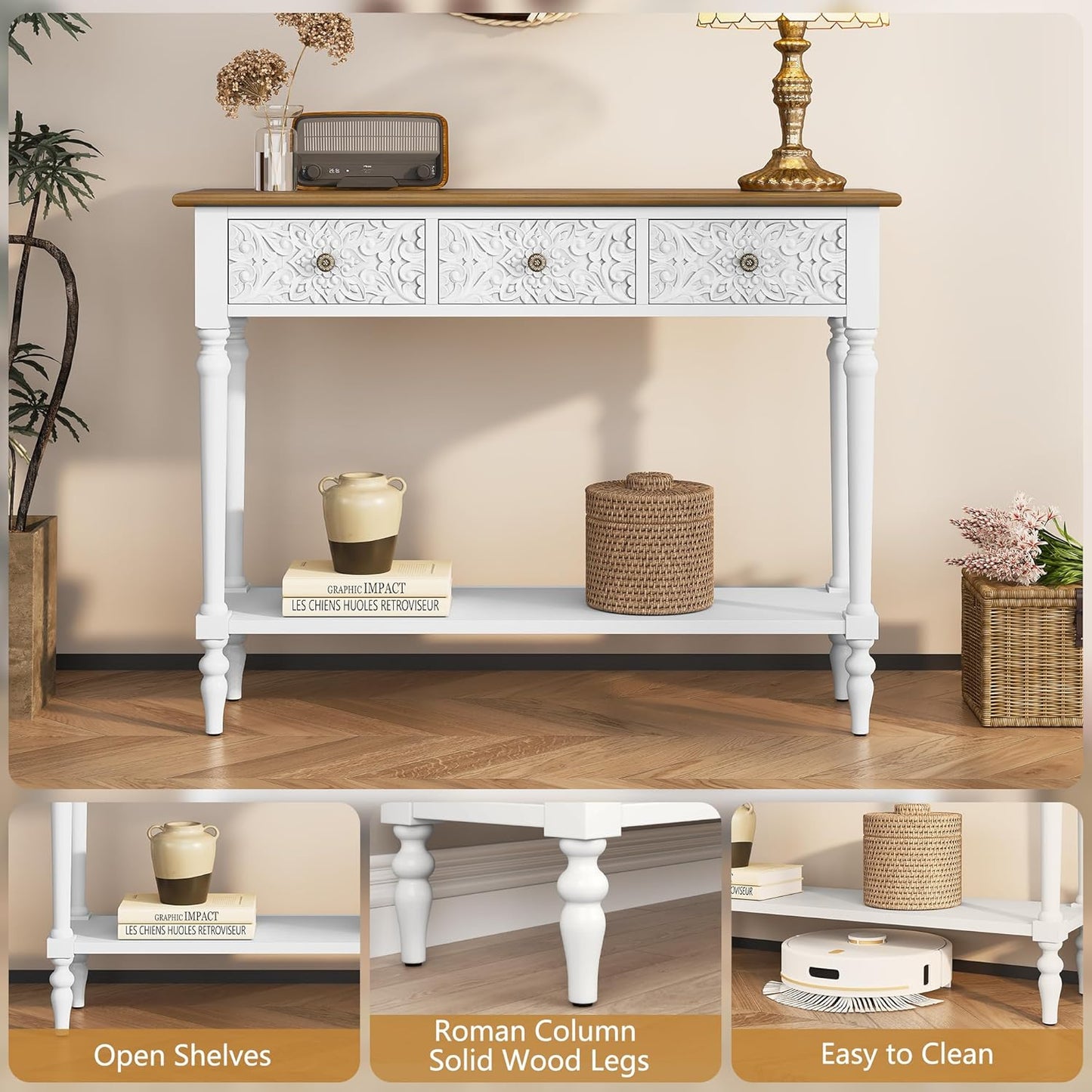 Entryway Console Table with 3 Drawers，42" Carved Hallway Table with Open Shelf，Long Sofa Table for Living Room, Hallway, behind Couch,White