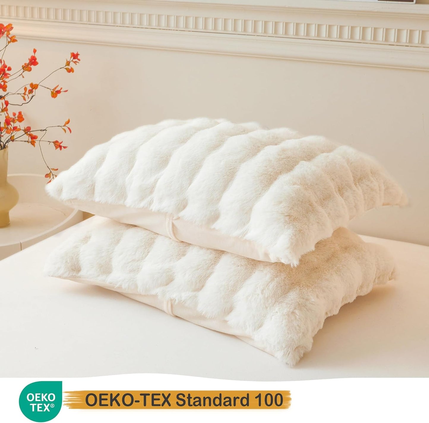 2 Pack Fluffy Faux Rabbit Fur Pillow Cases, Luxury Soft Plush Shaggy Bubble Waffle Pillowcases King Size Zipper Closure, Furry Fuzzy Ivory Long Pillow Shams Bedroom Living Room 20X36, Beige