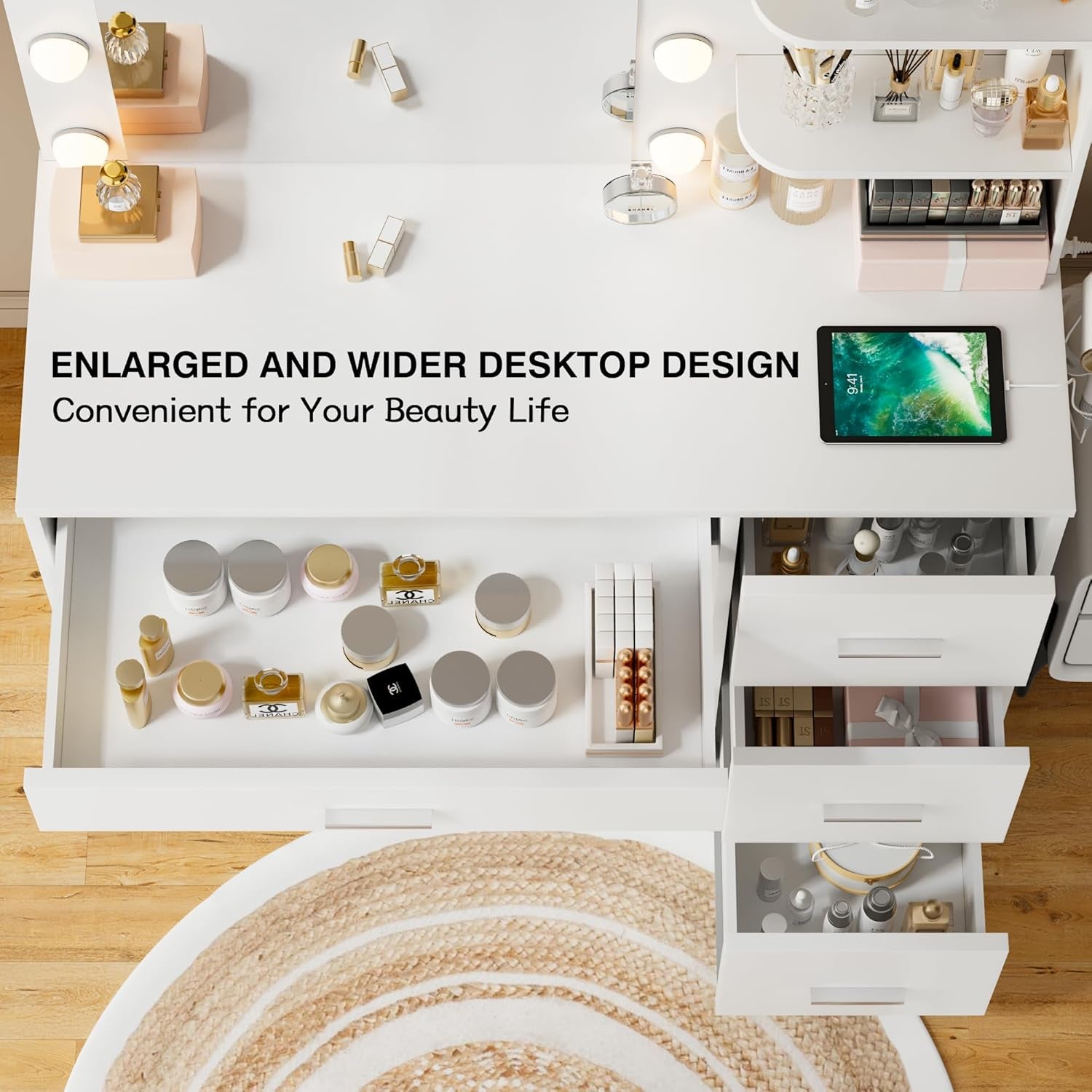 Vanity Desk with Mirror, 10 Lights, Power Outlet and 3 Storage Shelves, Makeup Table with 4 Drawers, 3 Color Modes, for Bedroom, White