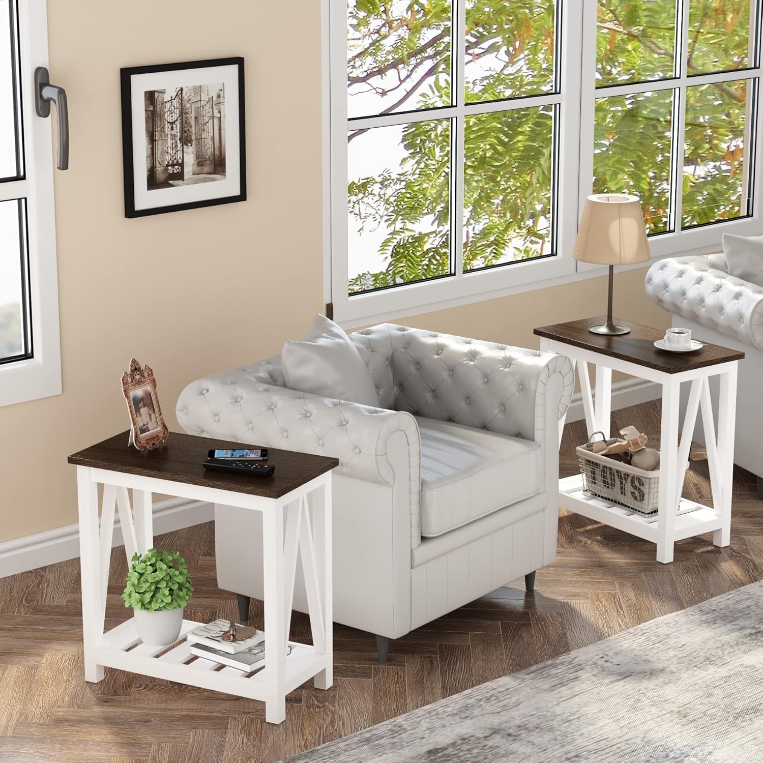 Farmhouse End Table, Narrow Side Table, Slim End Table with Storage Shelf for Small Spaces, Rustic Nightstand, for Living Room, Bedroom White