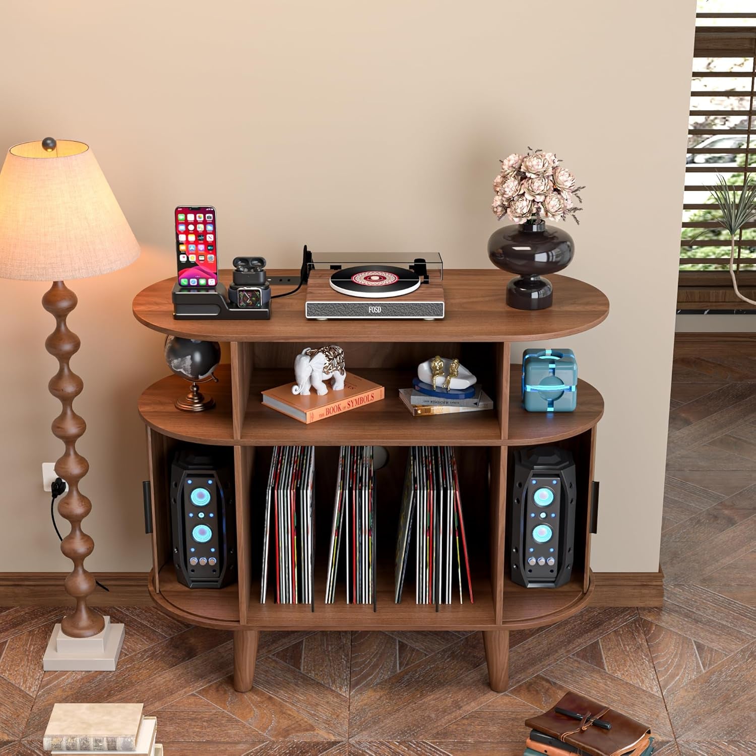 Large round Record Player Stand with Charging Station & USB Ports，Record Storage Cabinet, Mid Century Modern Turntable Stand for Bedroom Living Room (Small Brown)